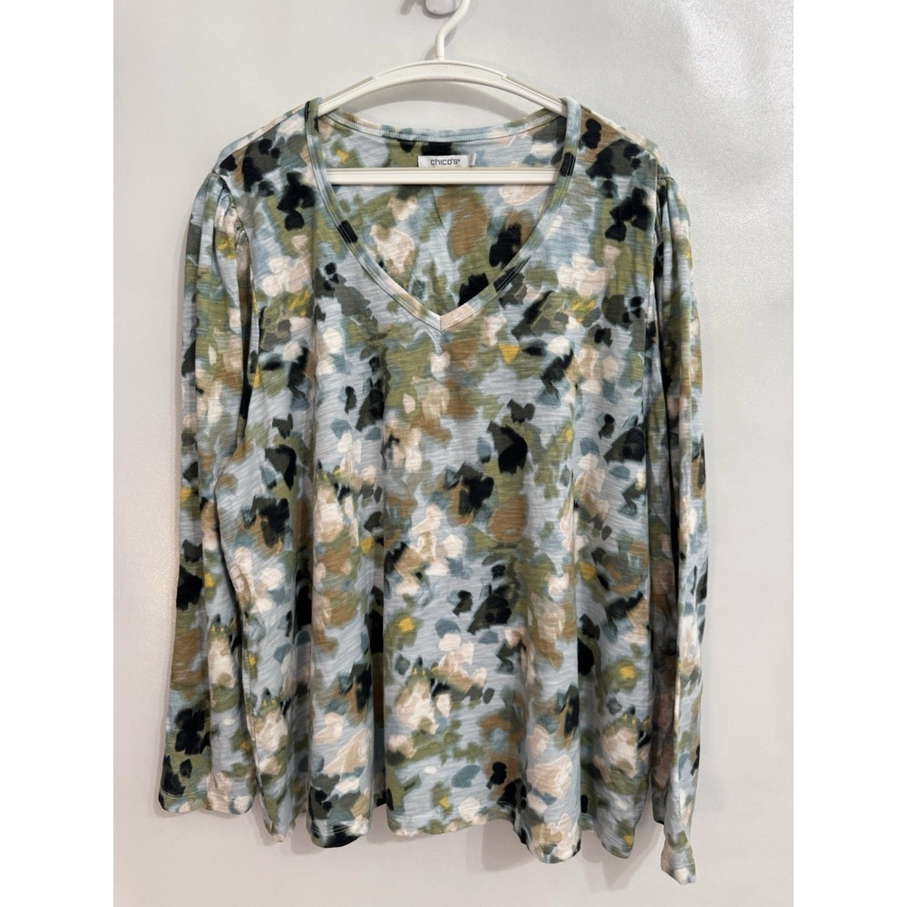 Chicos Sz 4 XXL Abstract Watercolor Print V Neck Knit Top Puff Sleeve